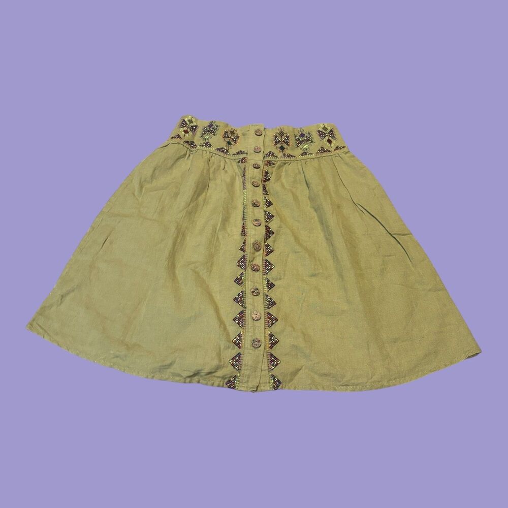 Anthropologie Maeve Embroidered Utility Skirt Womens 4 Olive Boho Button Front